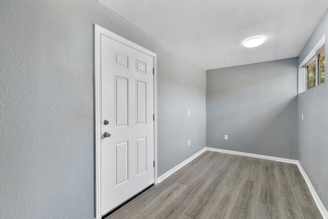 empty room with a textured ceiling and light wood-type flooring