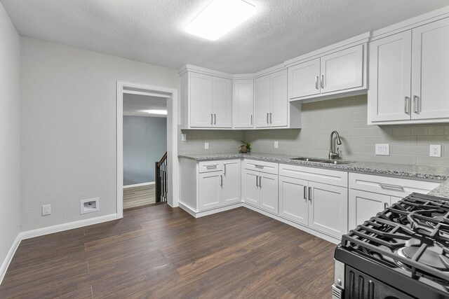 kitchen with white cabinets, light stone counters, and sink