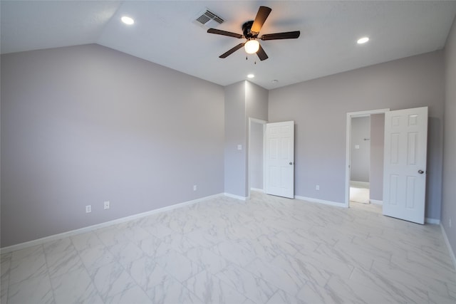 unfurnished bedroom featuring ceiling fan and vaulted ceiling