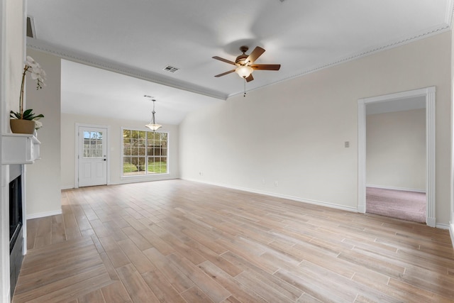 unfurnished living room featuring light hardwood / wood-style floors and ceiling fan