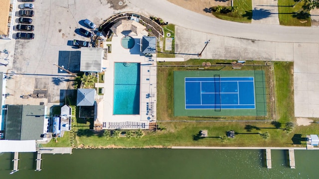 drone / aerial view with a water view