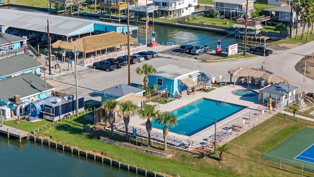 drone / aerial view featuring a water view