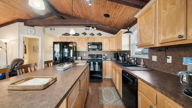 kitchen featuring decorative backsplash, black appliances, vaulted ceiling with beams, dark hardwood / wood-style floors, and hanging light fixtures