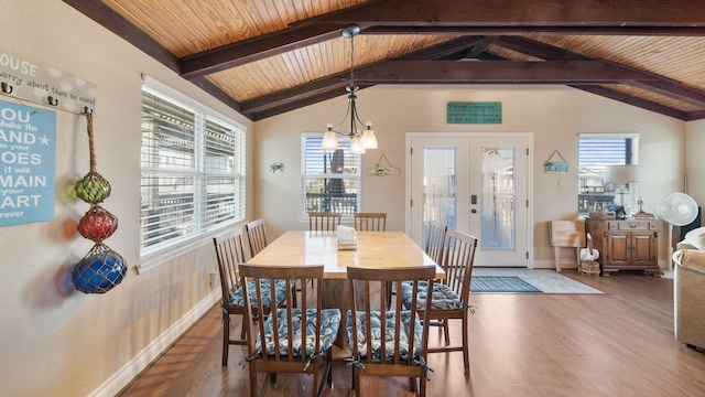 dining space featuring hardwood / wood-style floors, french doors, an inviting chandelier, lofted ceiling with beams, and wood ceiling