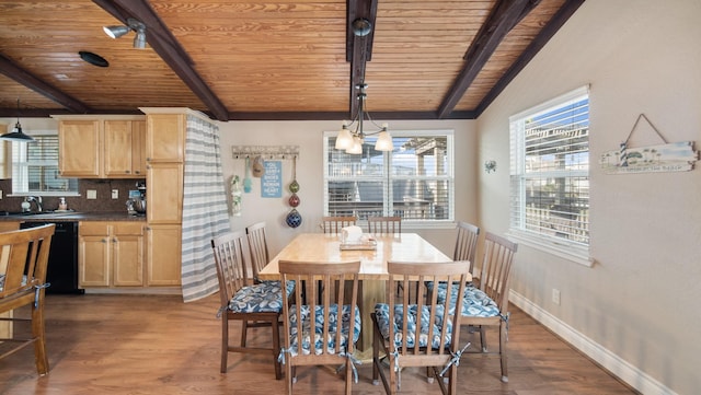 dining area with a chandelier, vaulted ceiling with beams, dark hardwood / wood-style floors, and wooden ceiling