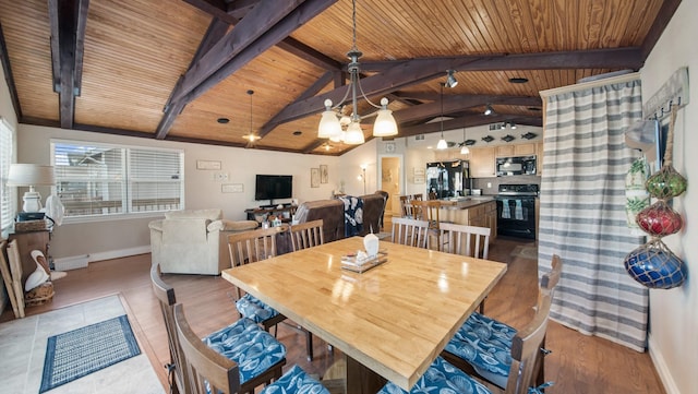 dining area featuring vaulted ceiling with beams, wooden ceiling, and hardwood / wood-style flooring