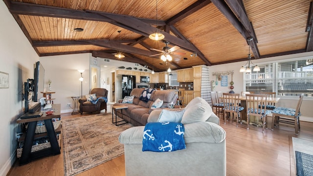 living room featuring vaulted ceiling with beams, a wealth of natural light, light hardwood / wood-style flooring, and wood ceiling