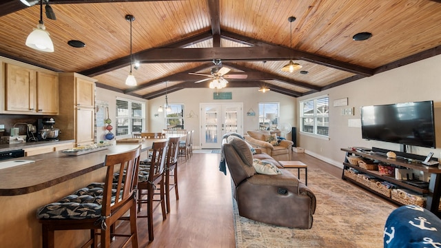 living room featuring dark wood-type flooring, french doors, lofted ceiling with beams, ceiling fan, and wood ceiling