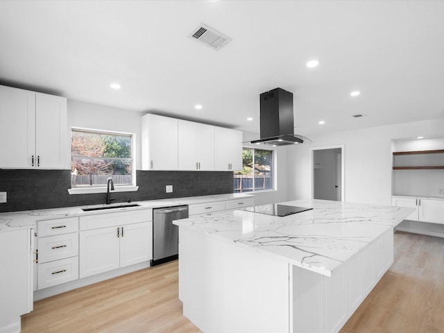 kitchen with a center island, white cabinets, sink, stainless steel dishwasher, and island exhaust hood