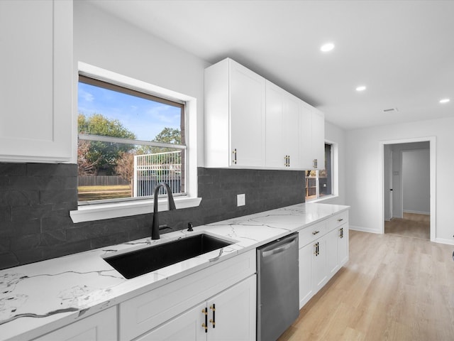 kitchen featuring dishwasher, white cabinets, light stone countertops, and sink