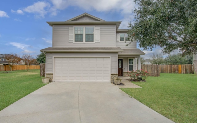 front of property with a garage and a front lawn