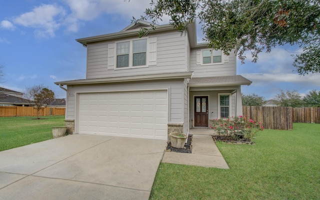 view of front property featuring covered porch, a garage, and a front lawn