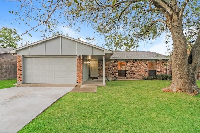 ranch-style house with a front yard and a garage