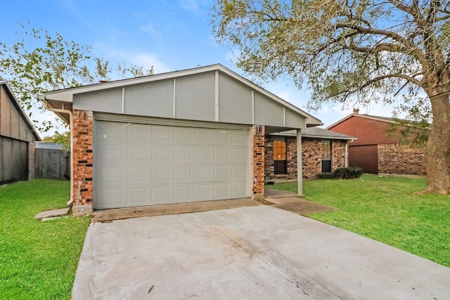 ranch-style house with a garage and a front lawn