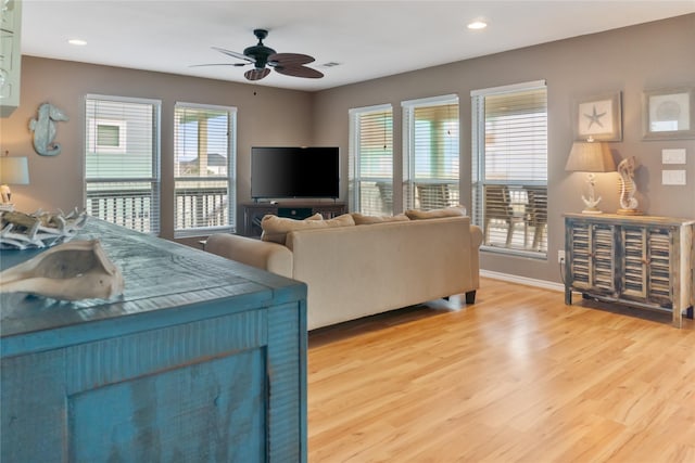 living room with light wood-type flooring and ceiling fan