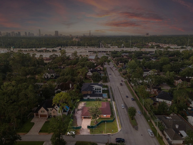 view of aerial view at dusk