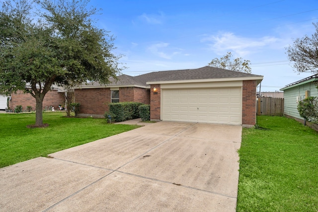 ranch-style house with a front yard and a garage