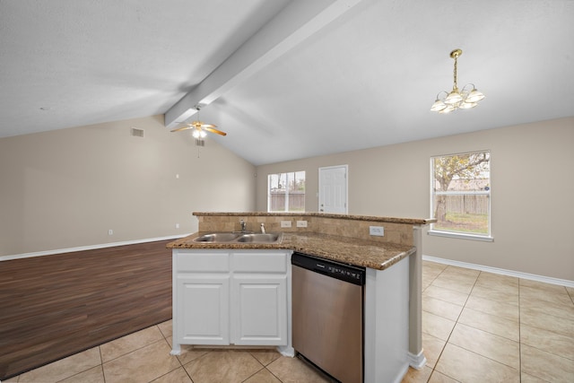 kitchen featuring dishwasher, white cabinets, sink, vaulted ceiling with beams, and light wood-type flooring