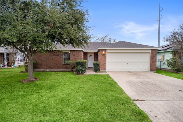 single story home featuring a front yard and a garage