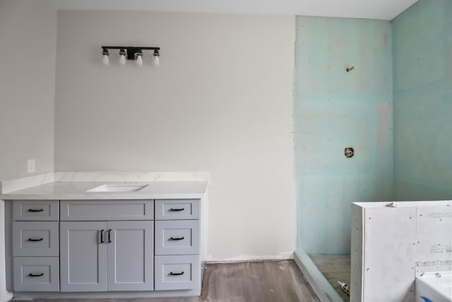 bathroom with vanity and hardwood / wood-style flooring