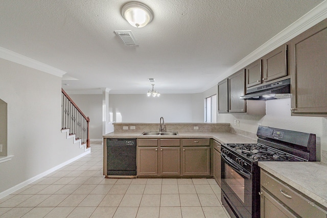 kitchen featuring kitchen peninsula, ornamental molding, sink, black appliances, and light tile patterned floors