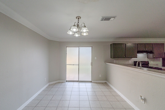 unfurnished dining area featuring light tile patterned floors, a notable chandelier, and ornamental molding