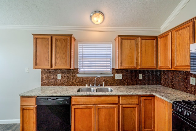 kitchen with black appliances, decorative backsplash, light stone counters, and sink