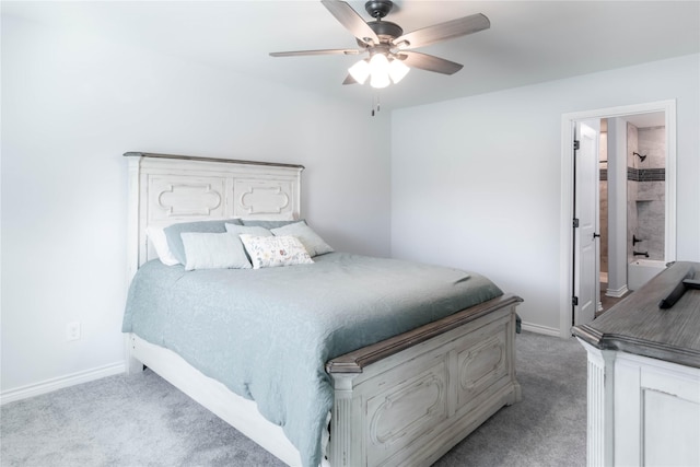 bedroom featuring ceiling fan and light carpet