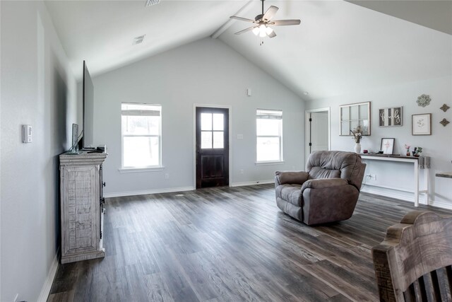 living room featuring high vaulted ceiling, ceiling fan, and dark wood-type flooring