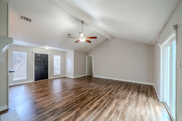 unfurnished living room with vaulted ceiling with beams, ceiling fan, and dark wood-type flooring