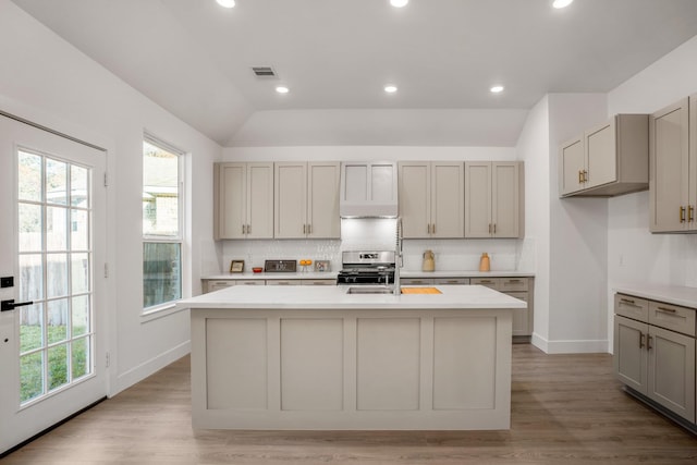 kitchen with gray cabinetry, light hardwood / wood-style floors, lofted ceiling, and an island with sink