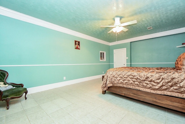 bedroom featuring a textured ceiling, ornamental molding, and ceiling fan