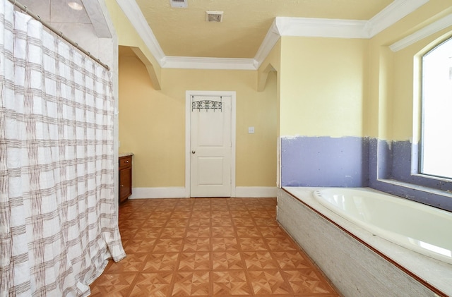 bathroom featuring a relaxing tiled tub, vanity, parquet flooring, and ornamental molding