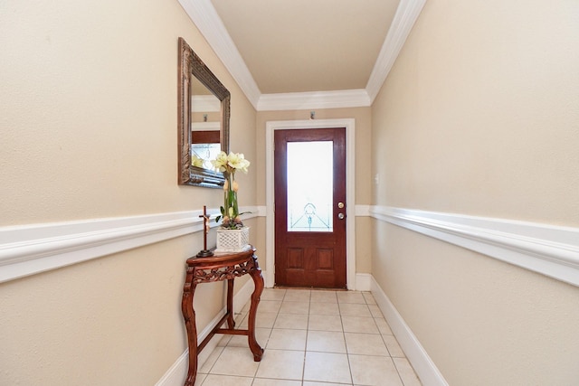 doorway to outside with light tile patterned flooring and ornamental molding