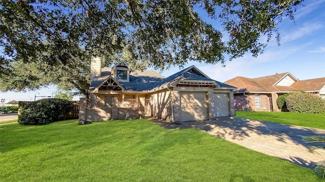 view of front of property with a garage and a front lawn