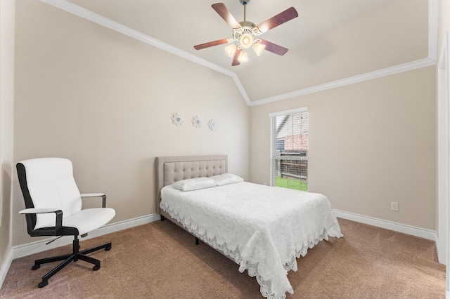 bedroom with carpet flooring, ceiling fan, crown molding, and vaulted ceiling