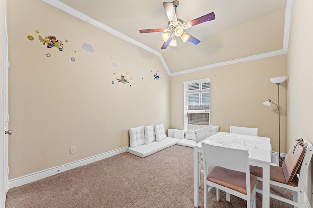 interior space with carpet, ornamental molding, ceiling fan, and lofted ceiling