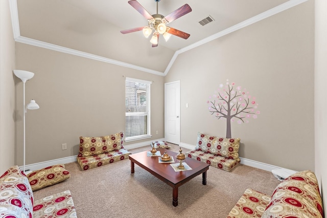 living room with carpet flooring, crown molding, ceiling fan, and lofted ceiling