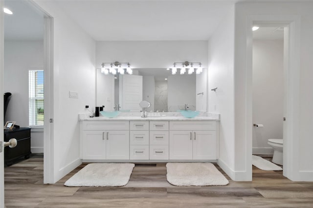 bathroom featuring hardwood / wood-style flooring, vanity, and toilet