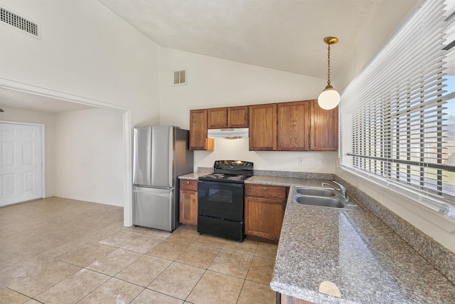 kitchen featuring sink, pendant lighting, electric range, light tile patterned floors, and stainless steel refrigerator