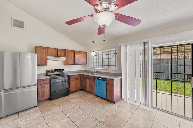 kitchen with plenty of natural light, stainless steel appliances, and lofted ceiling