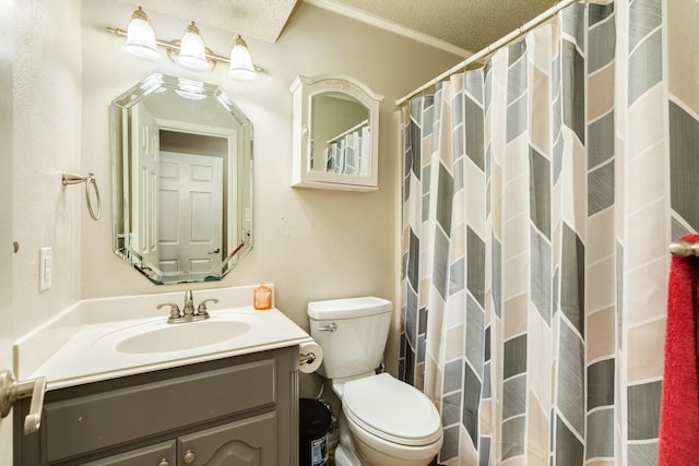 bathroom with vanity, toilet, ornamental molding, a textured ceiling, and walk in shower