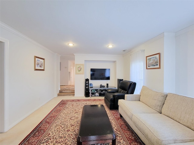 living room featuring carpet floors and crown molding