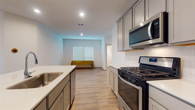 kitchen with appliances with stainless steel finishes, tasteful backsplash, sink, gray cabinets, and light hardwood / wood-style floors