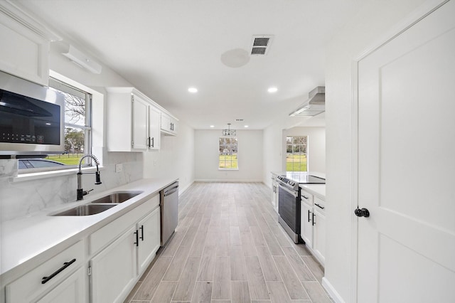 kitchen with sink, wall chimney range hood, light hardwood / wood-style flooring, white cabinets, and appliances with stainless steel finishes