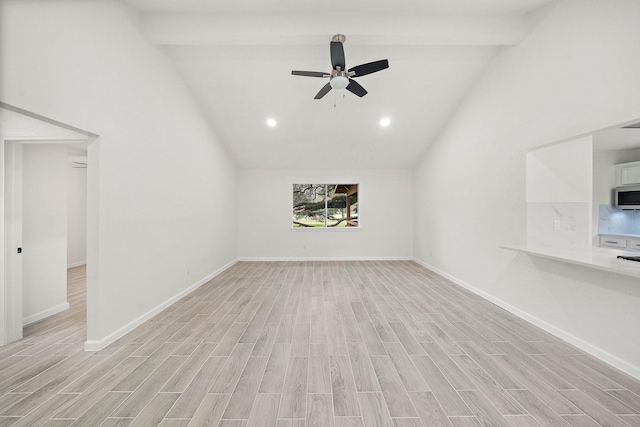 unfurnished living room with beam ceiling, ceiling fan, and light hardwood / wood-style flooring