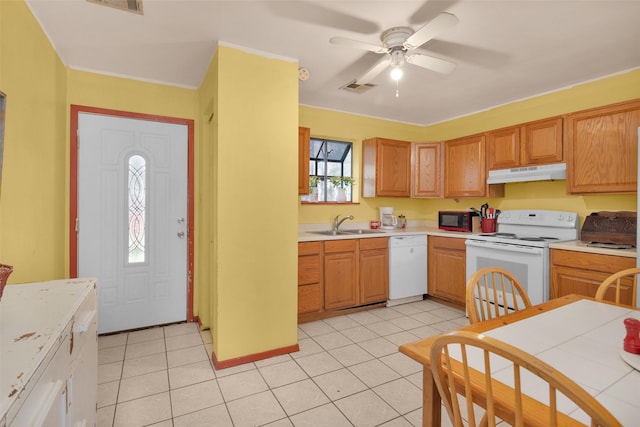 kitchen with ceiling fan, sink, light tile patterned floors, and white appliances