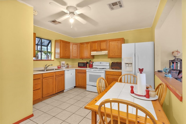 kitchen featuring light tile patterned floors, white appliances, ceiling fan, and sink