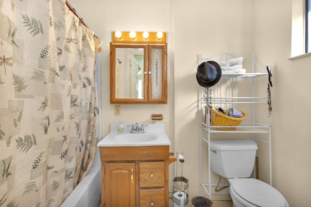 full bathroom featuring vanity, toilet, and shower / bathtub combination with curtain