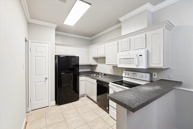 kitchen featuring white cabinetry, kitchen peninsula, light tile patterned floors, black appliances, and ornamental molding